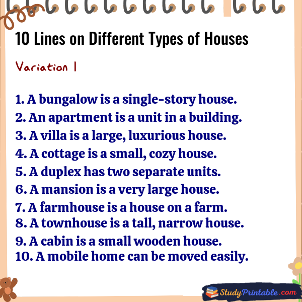 10 Lines on Different Types of Houses Variation 1