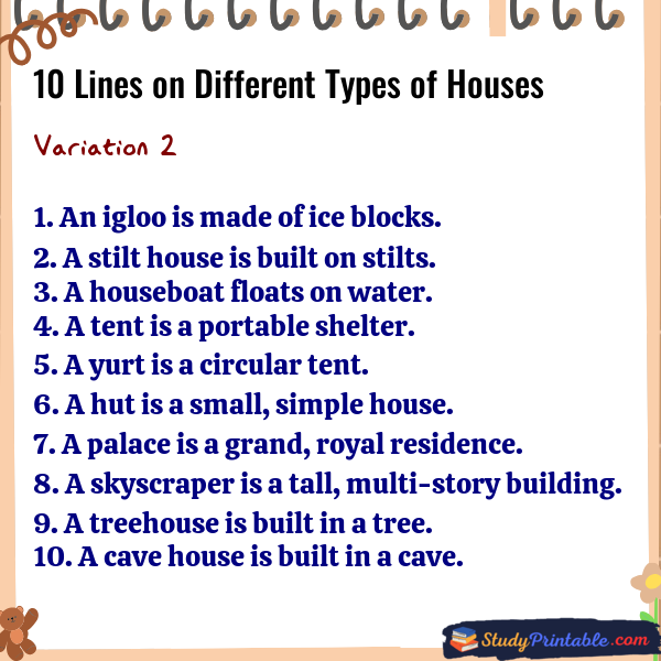 10 Lines on Different Types of Houses Variation 2