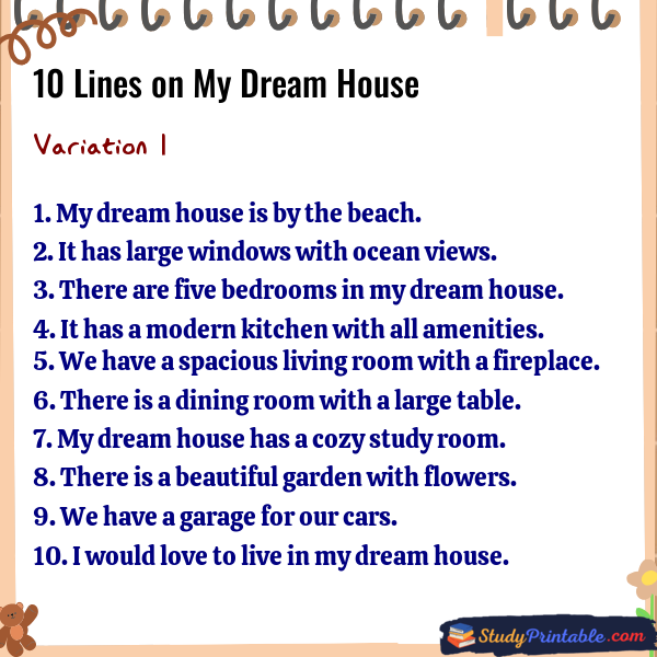 10 Lines on My Dream House Variation 1