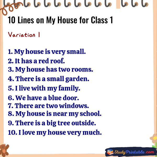 10 Lines on My House for Class 1 Variation 1