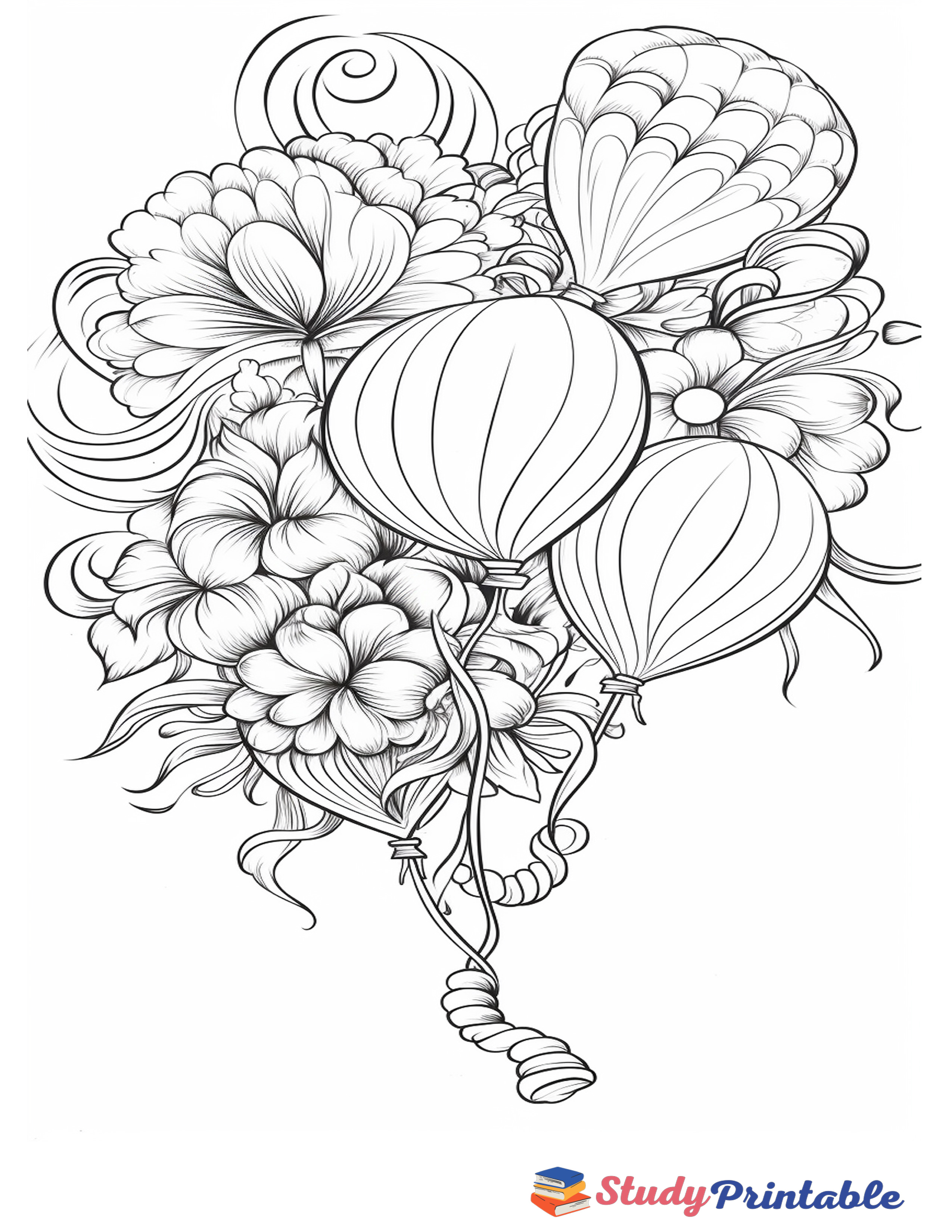 Birthday Balloons with Flowers Coloring Page