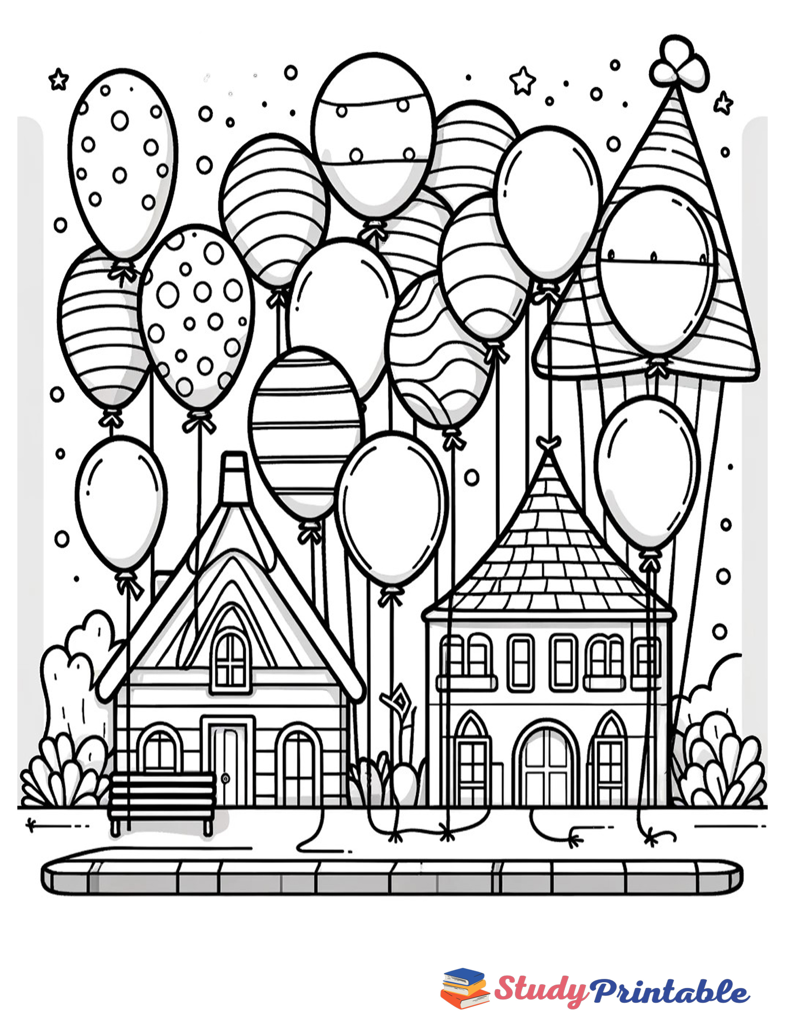 Flying Birthday Balloons Coloring Page