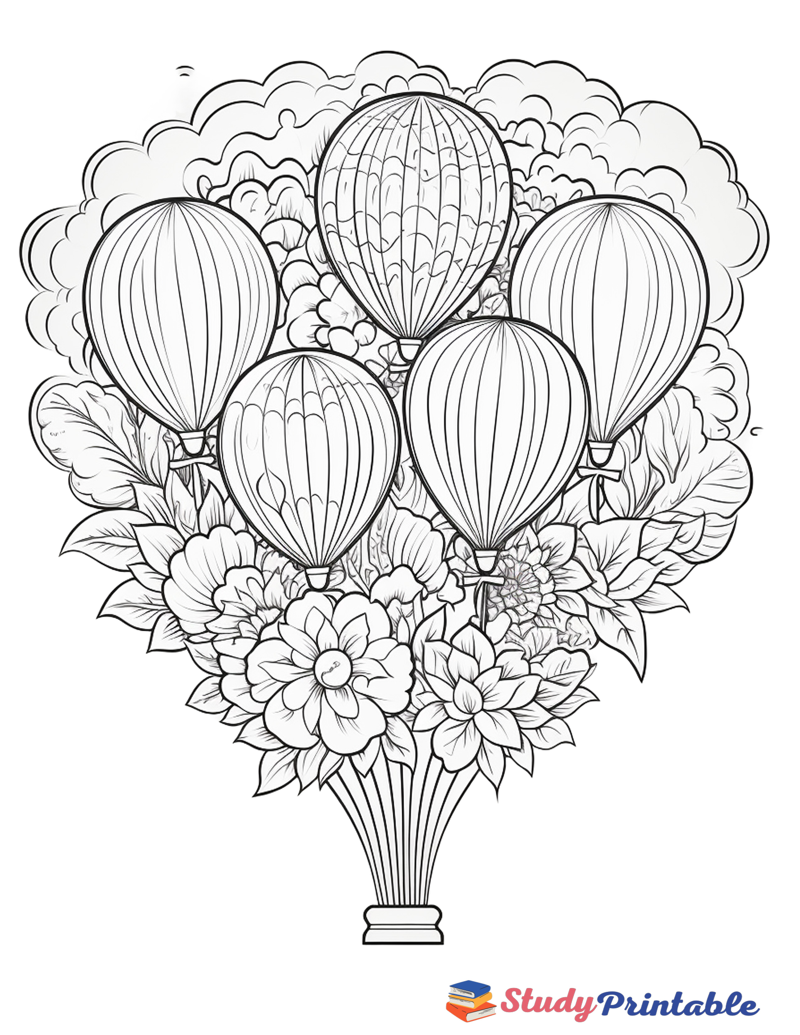 Birthday Balloons in Flower Vase Coloring Page