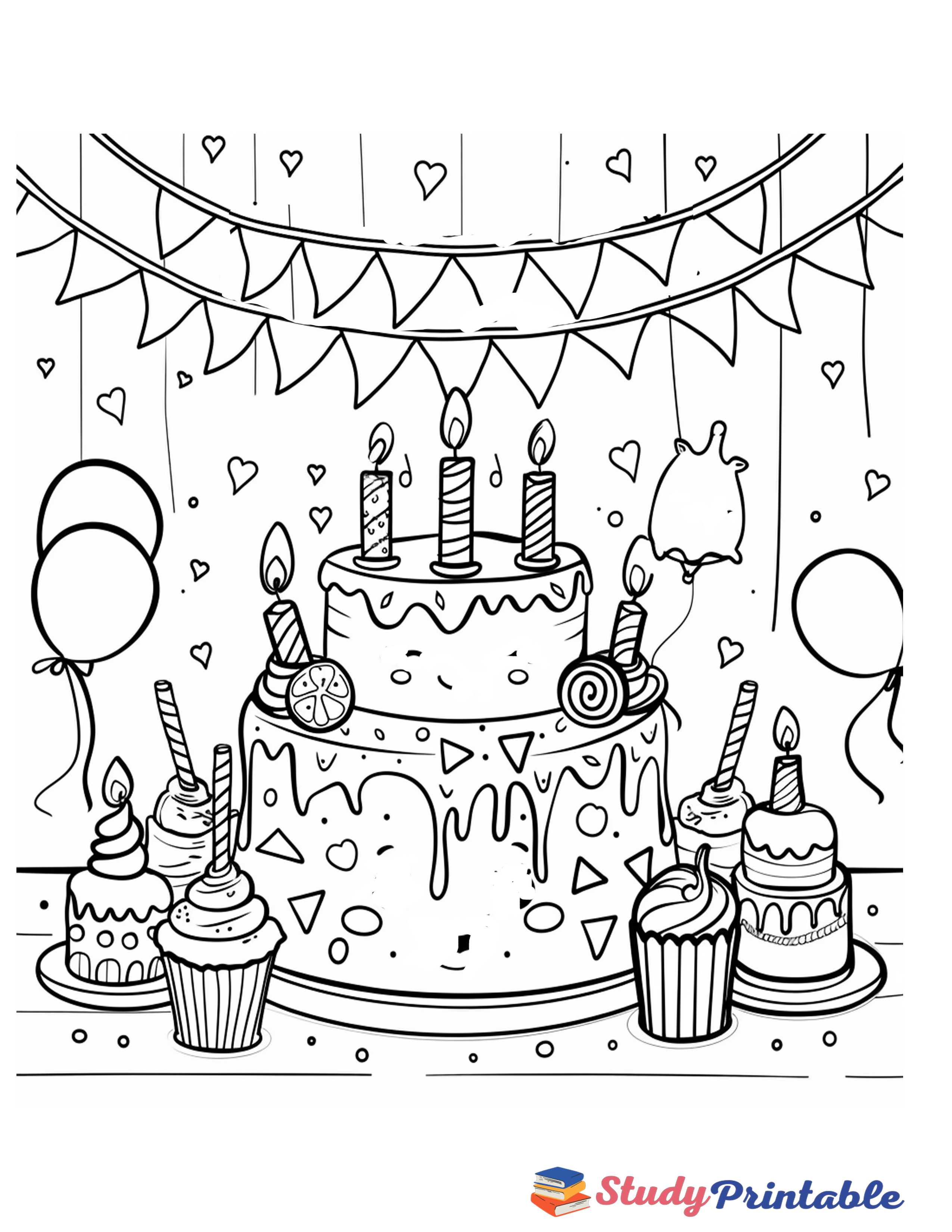 Free Printable Fancy Birthday Cake Banner Coloring Page