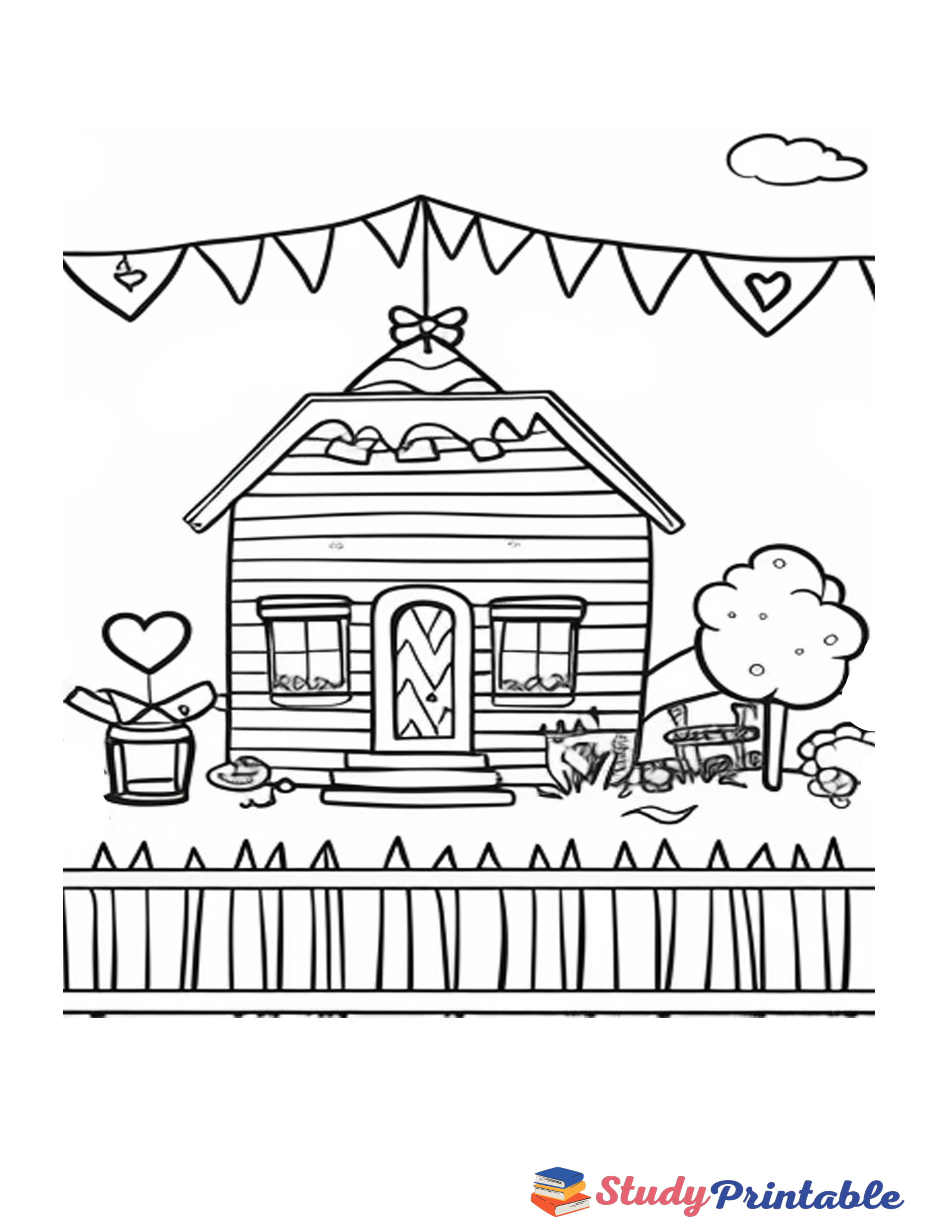 Free Printable Exciting Birthday House Banner Coloring Page