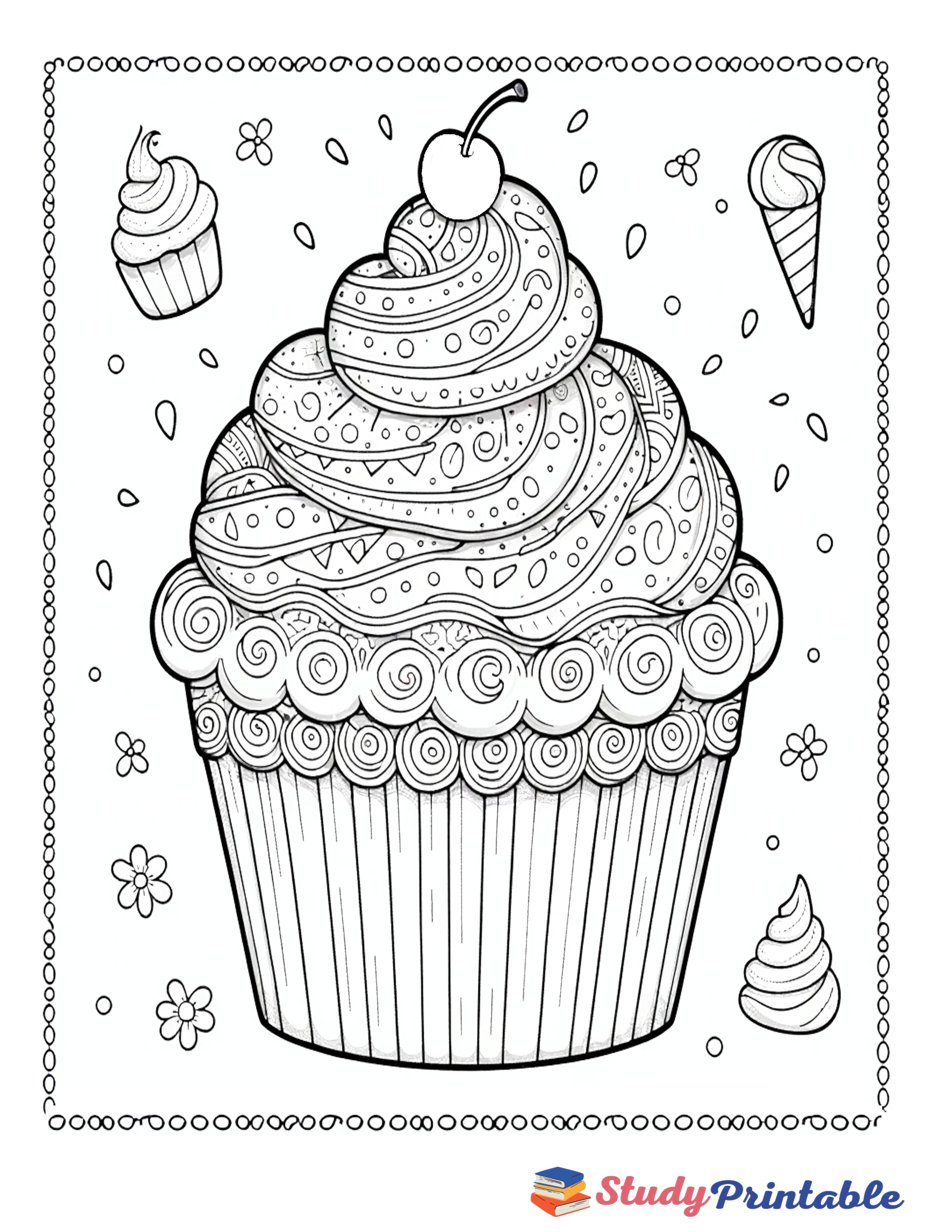 Free Printable Sweet Cupcake Birthday Card Coloring Page