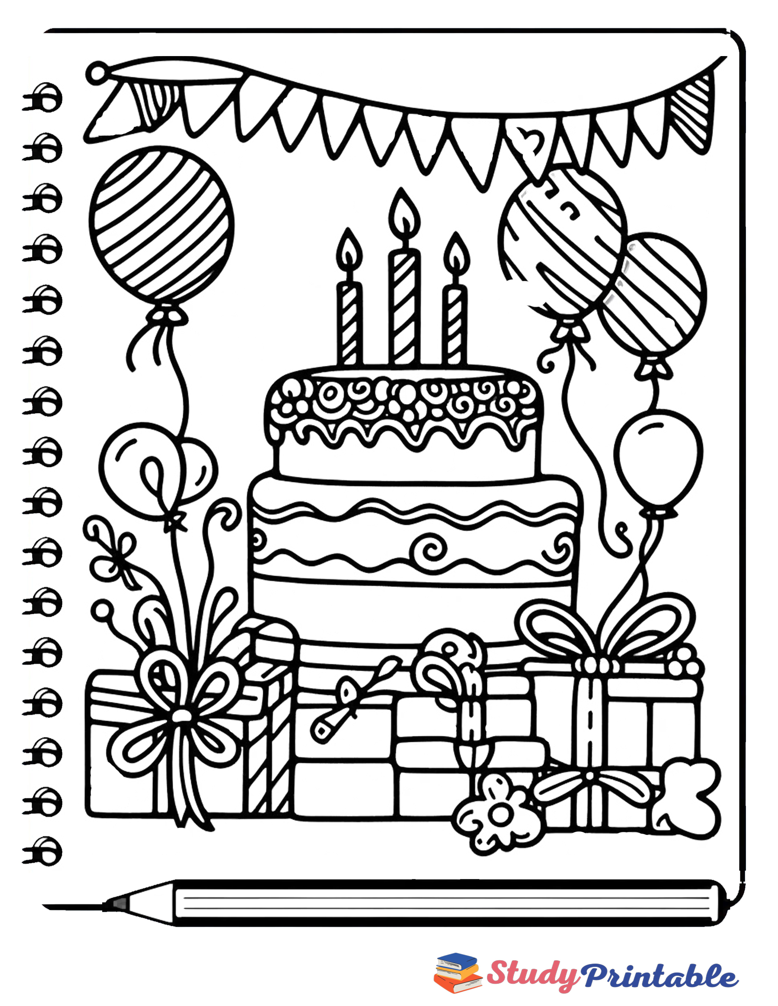 Free Printable Celebration Cake Birthday Card Coloring Page