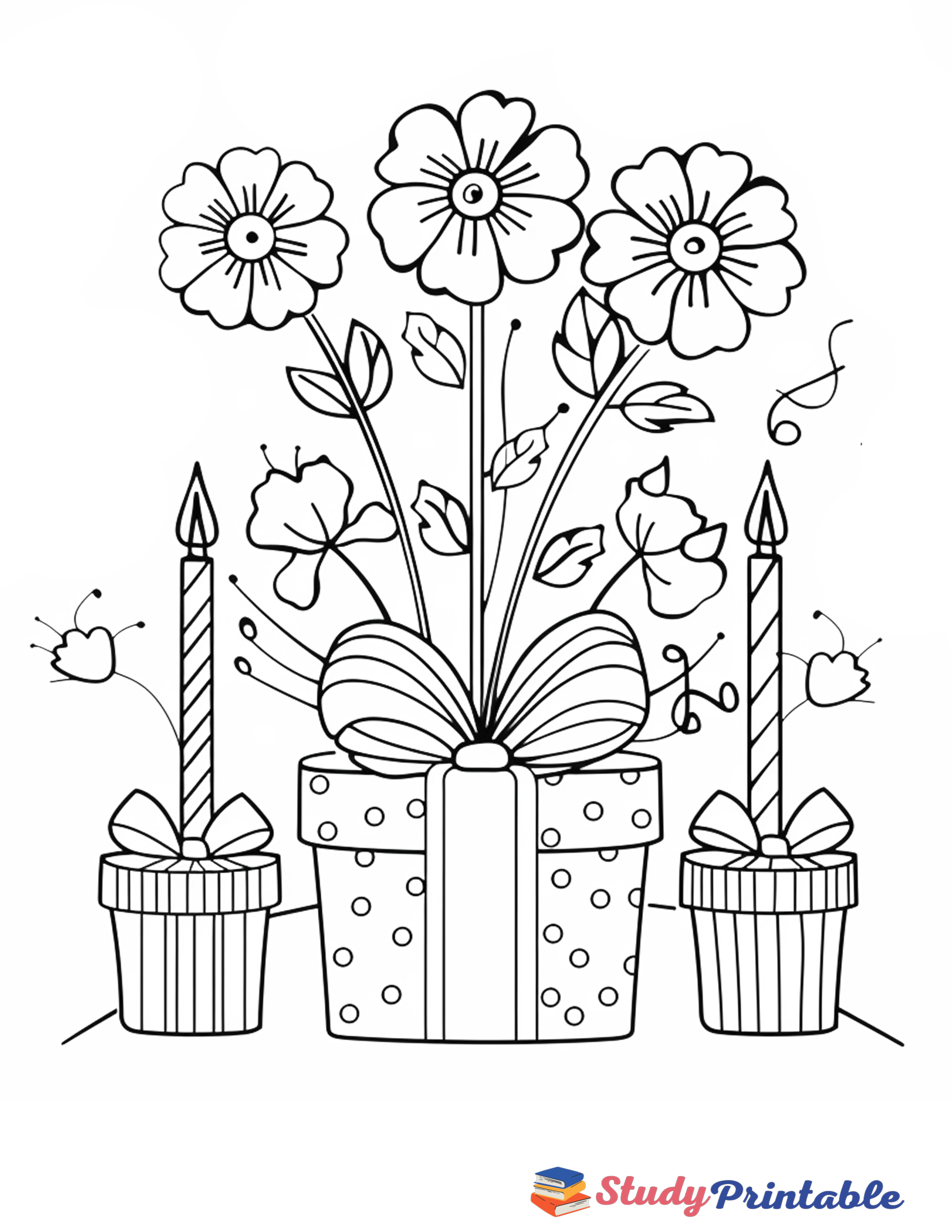 Flowery Birthday Present Coloring Page